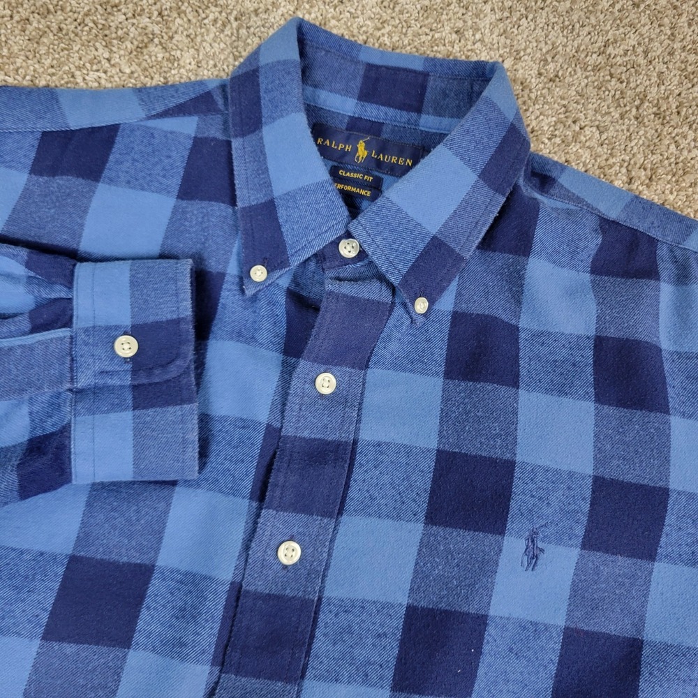 Ralph Lauren Classic Fit Performance Mens Large Blue Buffalo Plaid Flannel